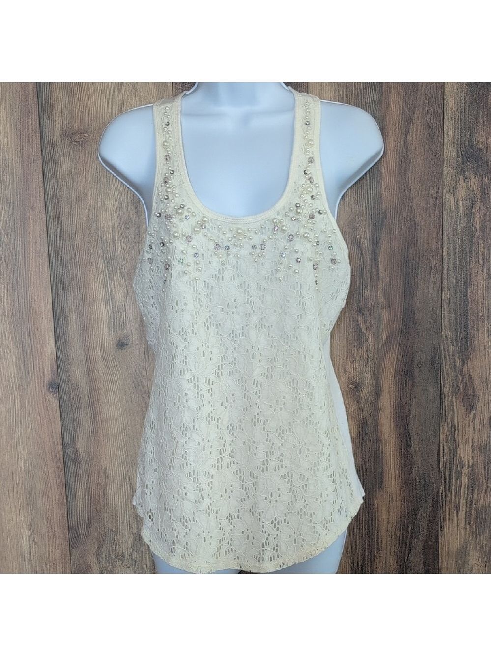 Express Lace Tank Top with Pearls & Embellishments S           H106